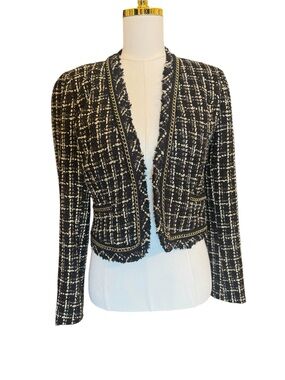 ENTRY Tweed Jacket Size M Black Gold Chanel Style Chain Trim